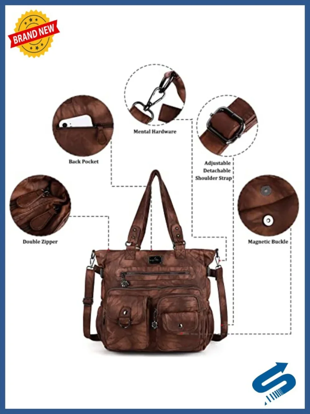 Women's Soft Washed Vegan Leather Hobo Shoulder Bag Satchel Crossbody